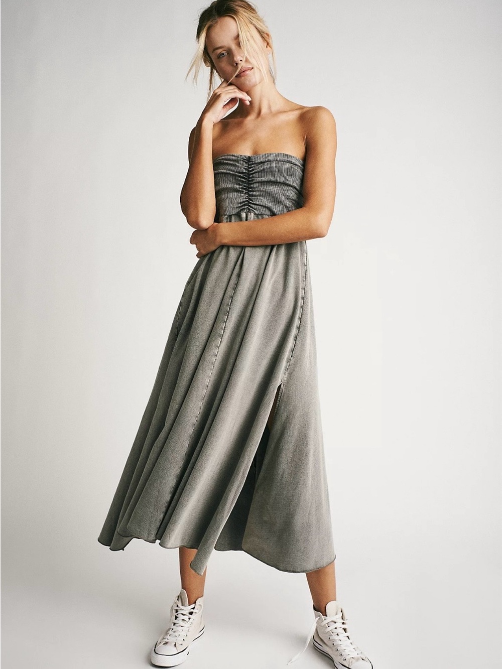 Free People Strapless Ruched Midi Dress in Grey NWT